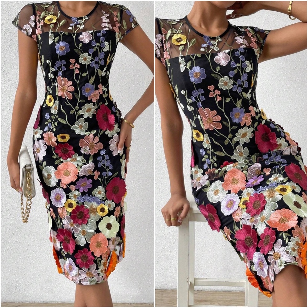 Luxe Floral Embroidered Split hem Party Dress - Picture 5 of 6